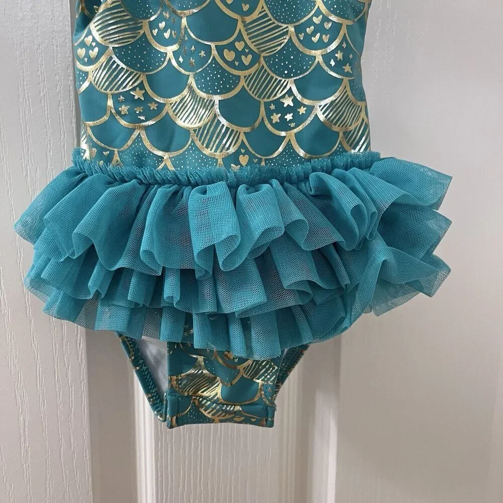 Cat & Jack Teal and Gold Mermaid Tulle Tutu One Piece Swimsuit Girls 12 Months